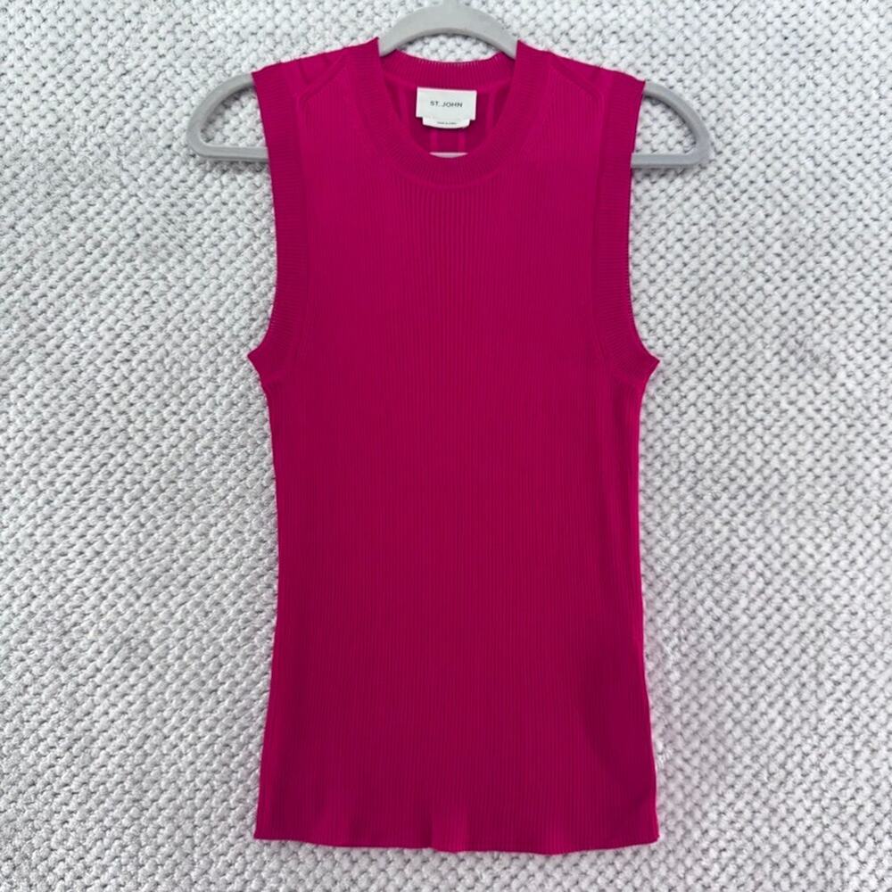 ST JOHN Top Womens S Pink Signature Knit Collection Ribbed Tank Crew Neck Money